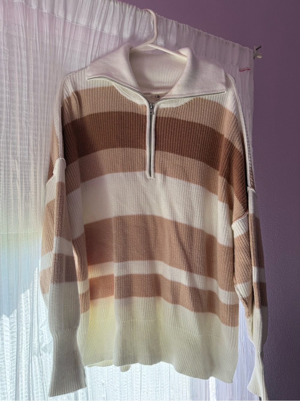 aerie Striped Half-Zip Cowl Sweater in Cream and Brown